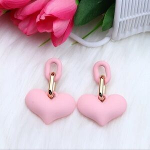 Pink Heart and Chain Detail Drop Statement Earrings Feminine Girly Chunky Barbie